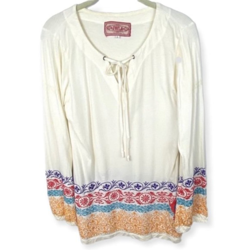 Johnny Was Long Sleeve Tie Neck Embroidered Top Size Large Floral Jwla Bohemian